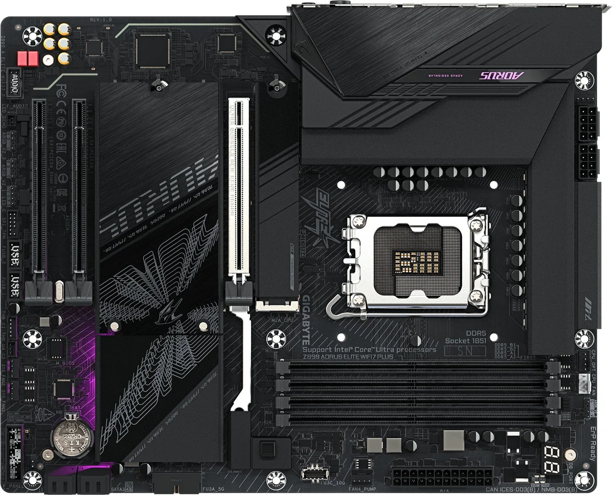 Материнская плата Gigabyte Z890 AORUS ELITE WIFI7 PLUS, LGA1851, Intel Z890, 4xDDR5, 4xSATA, 1xPCIe 5.0 x16, 2xPCIe 4.0 x4, 1xDisplayPort, 1xUSB4 Type-C, 1x 5Gb LAN, 2xUSB 3.2 Gen 2, 3xUSB 3.2 Gen 1, 4xUSB 2.0, 2x3.5 мм, 7.1, ATX