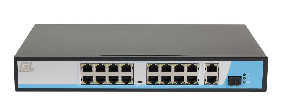 Коммутатор NIKOMAX GL-SW-F005-16P, неуправляемый, 16×PoE 10/100 Мбит/с, 2×1GbE, 1×SFP