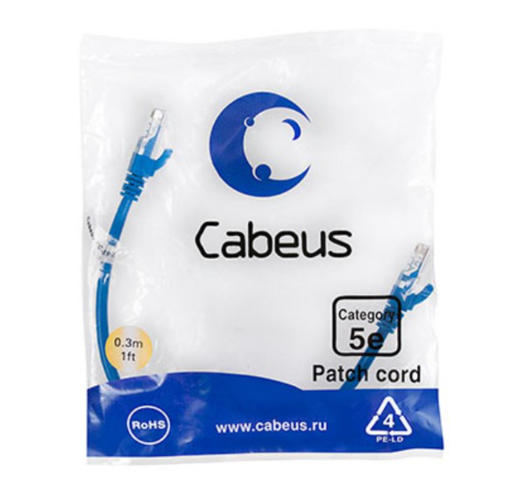 Патч-корд Cabeus PC-UTP-RJ45-Cat.5e-0.3m-BL-LSZH, U/UTP, кат. 5e, 2×RJ45, 0,3 м, LSZH, синий
