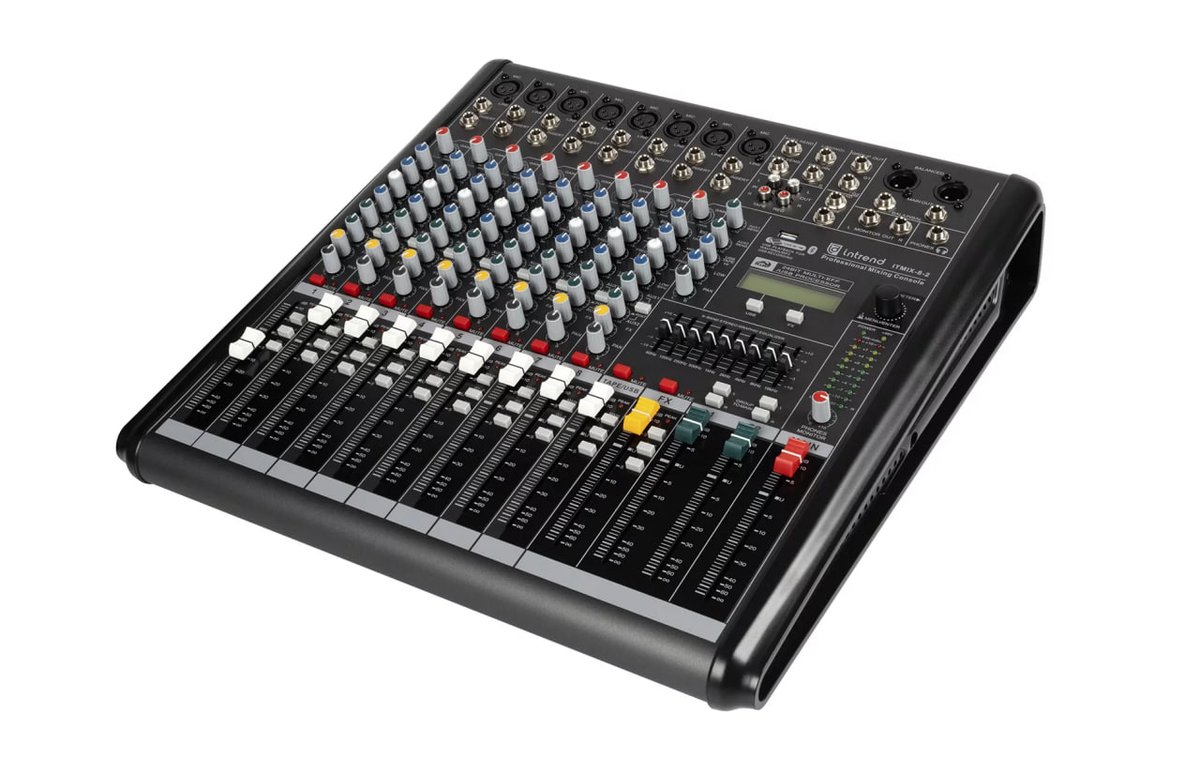Микшер Intrend ITMIX-8-2, 12 входов (8 аналоговых, 1 стерео, 2 USB), 4 выхода, Bluetooth, 24-бит эффекты