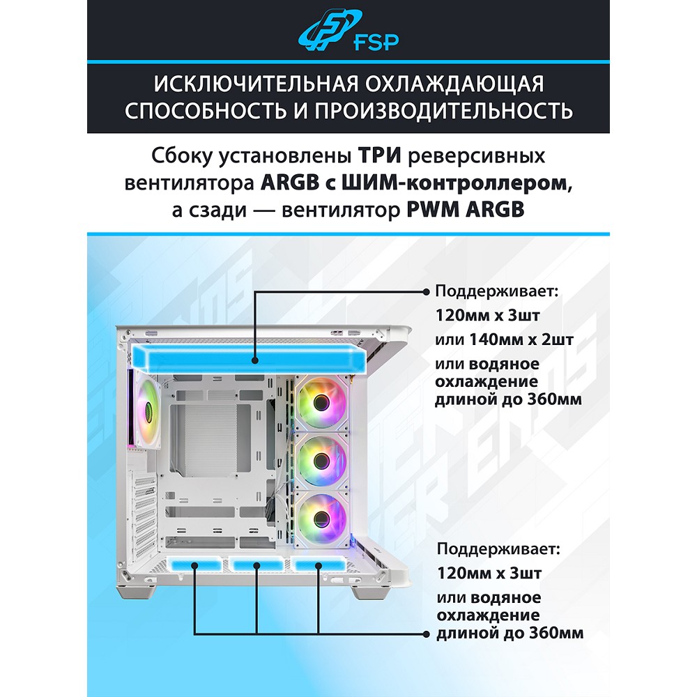 Корпус FSP M580-WA, Midi Tower, ATX, закалённое стекло, белый
