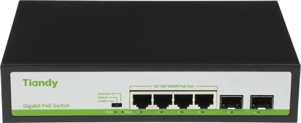Коммутатор Tiandy TC-P3S06, 4×1 Гбит/с PoE + 2×1 Гбит/с SFP, 60 Вт, неуправляемый