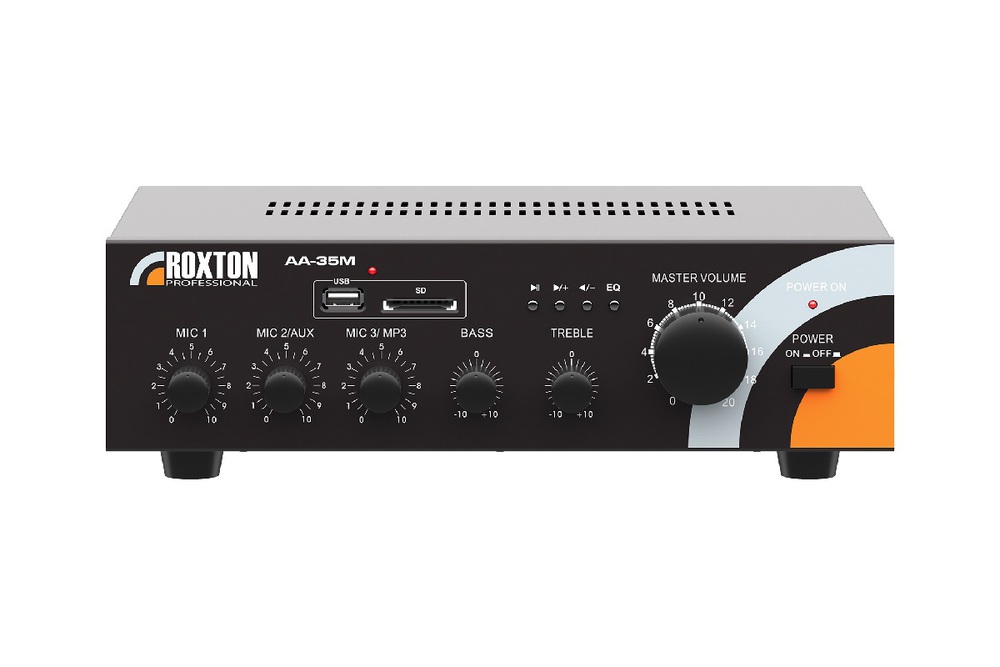 Усилитель Roxton AA-35M, трансляционный микшер, 35 Вт, USB/SD/MMC, 3 микрофонных входа