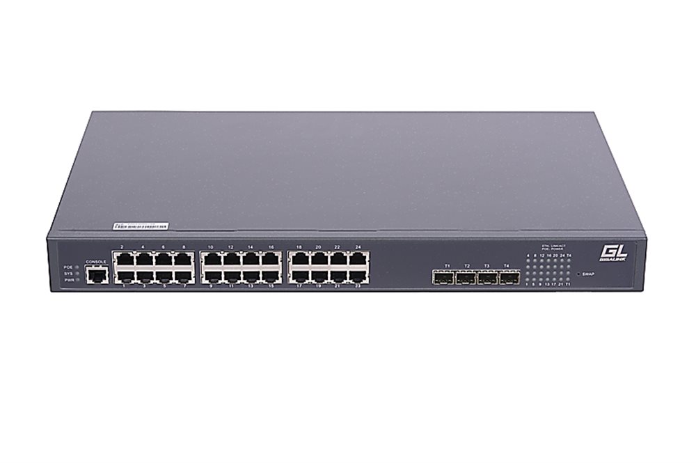 GL-SW-G204-28P - Управляемый коммутатор L2 POE GIGALINK 24 BASE-TX 10/1001000Mb/s POE, 4 1/10G SFP+, 1 Console. 1U 19", 220V, 400W