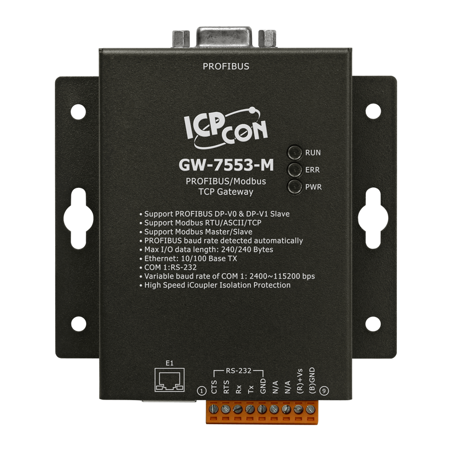 Преобразователь ICP DAS GW-7553-M CR, PROFIBUS — Modbus RTU/ASCII/TCP, 1 порт RS-232, DIN-рейка