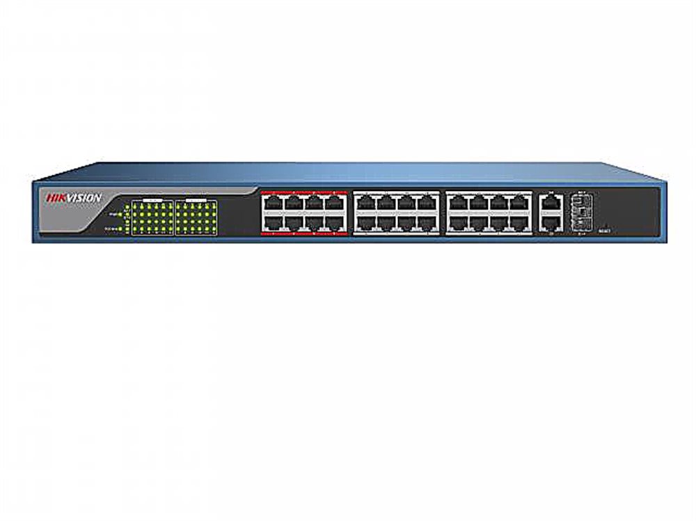Коммутатор Hikvision DS-3E0326P-E(C), неуправляемый L2, 24×100 Мбит/с PoE 370 Вт, 2×1 Гбит/с Combo, 2×SFP