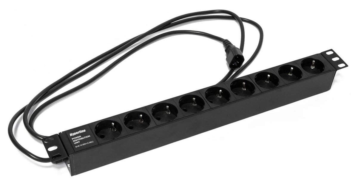 Блок распределения питания Hyperline SHE19-9SH-2.5IEC, 9×Schuko 10 А, C14, 2.5 м, 19"