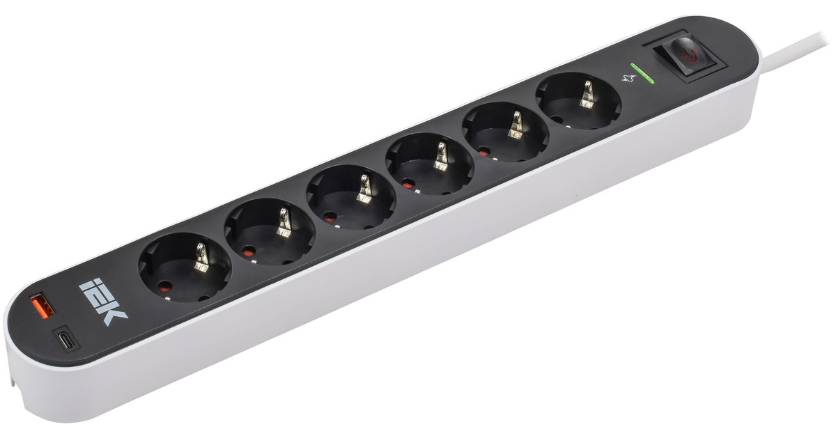 Сетевой фильтр IEK СФ-06К, 6 розеток, 16 А, 3680 Вт, USB A+C, 3 м