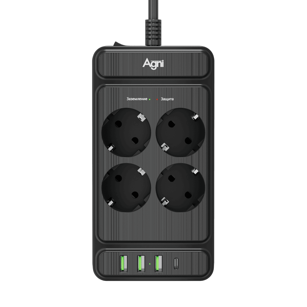 Сетевой фильтр AGNI TP-FS4U4E-PD-5m-black, 4 розетки, 16А, 3×USB, Type-C