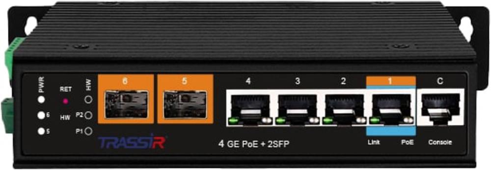 Коммутатор TRASSIR TR-NS27062S-250-4POE, промышленный управляемый, 7 портов, 4 PoE, 250 Вт