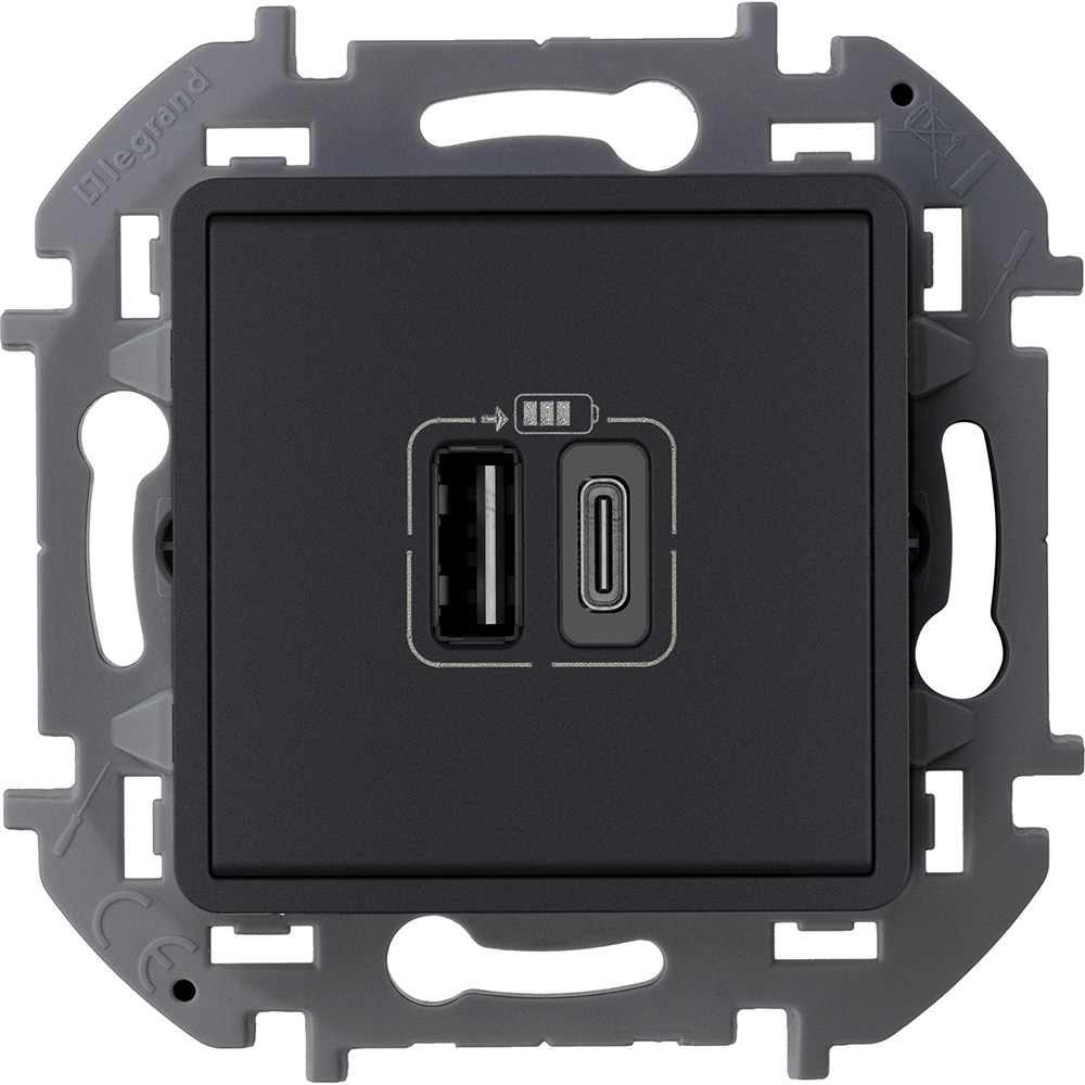 Блок питания USB IEK INSPIRIA, A+C, 3000 мА, 5 В, антрацит