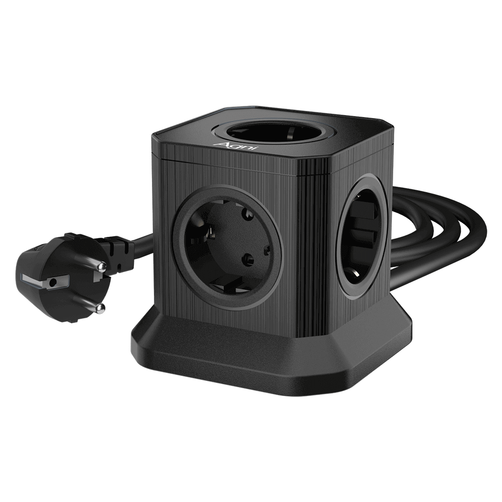 Сетевой фильтр AGNI башня TP-VE4U5E-2m-black, 5 розеток Schuko, черный, кабель 2 метра, мощность нагрузки 4000 Вт, 16А, заземление, защита от короткого замыкания, сечение кабеля 3 х 1.5 кв.мм., размер 100 х 100 х 92.3 мм.