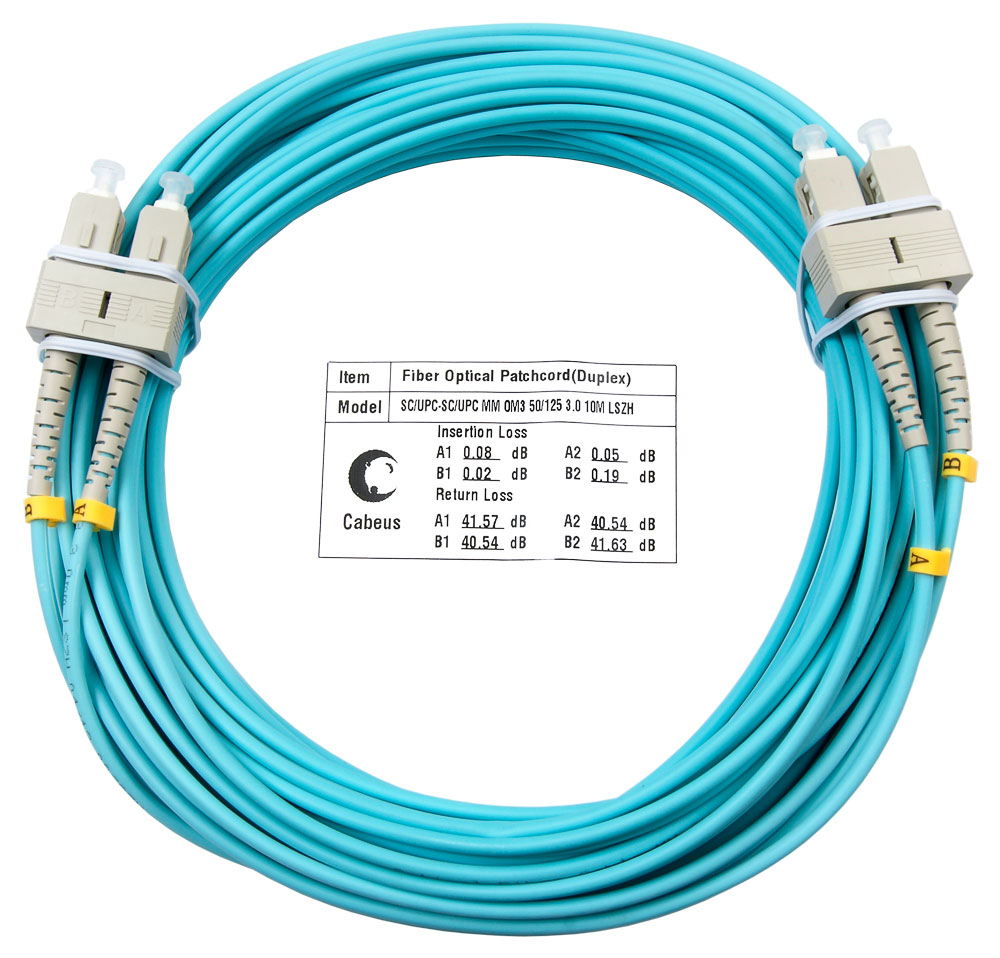 Патч-корд оптический Cabeus FOP-50-SC-SC-10m, Duplex SC/SC, OM3, 10м