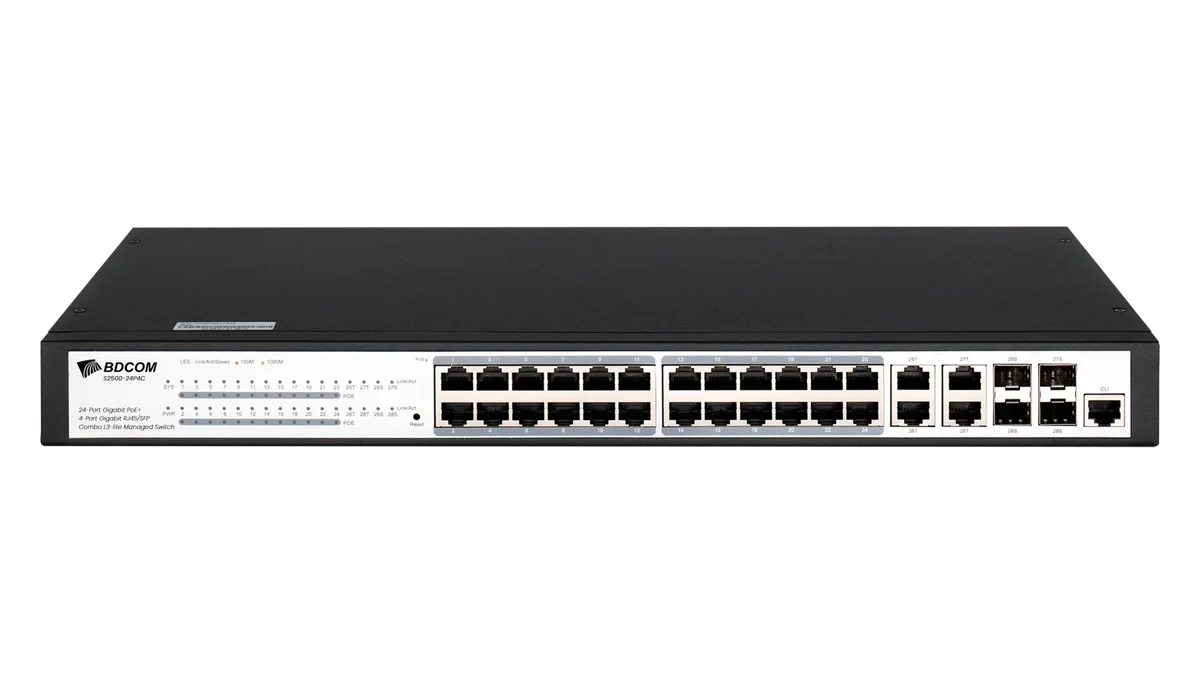 Коммутатор BDCOM S2500-24P4C, управляемый L2, 24×1GbE PoE+, 4×combo SFP
