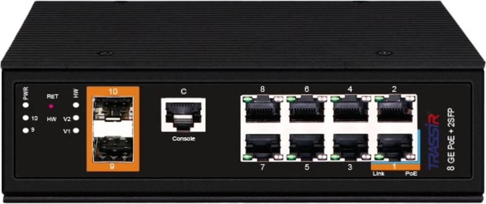 Коммутатор Trassir TR-NS25102S-300-8POE, 8×PoE, 2×SFP, 300Вт