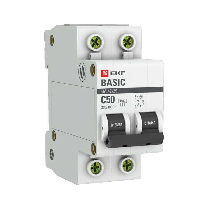 Автоматический выключатель EKF ВА 47-29 Basic mcb4729-2-50C, 2P, 50 А, C, 4,5 кА