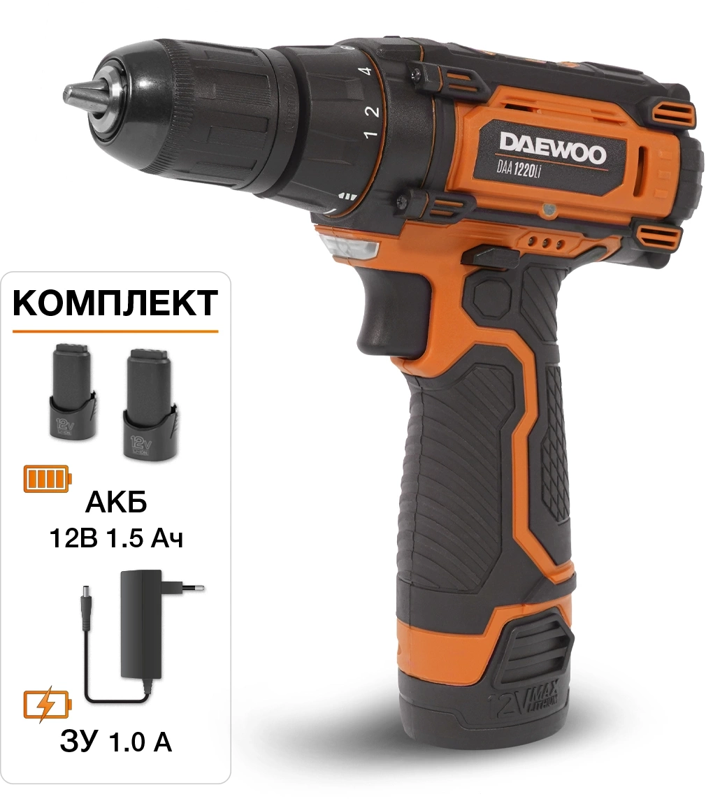 Дрель-шуруповёрт Daewoo DAA 1220Li, 12 В, 1.5 А·ч, 23 Н·м