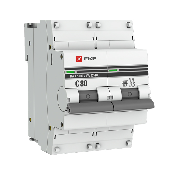 Автоматический выключатель EKF PROxima ВА 47-100 mcb47100-2-80C-pro, 2P, 80 А, тип C, 10 кА