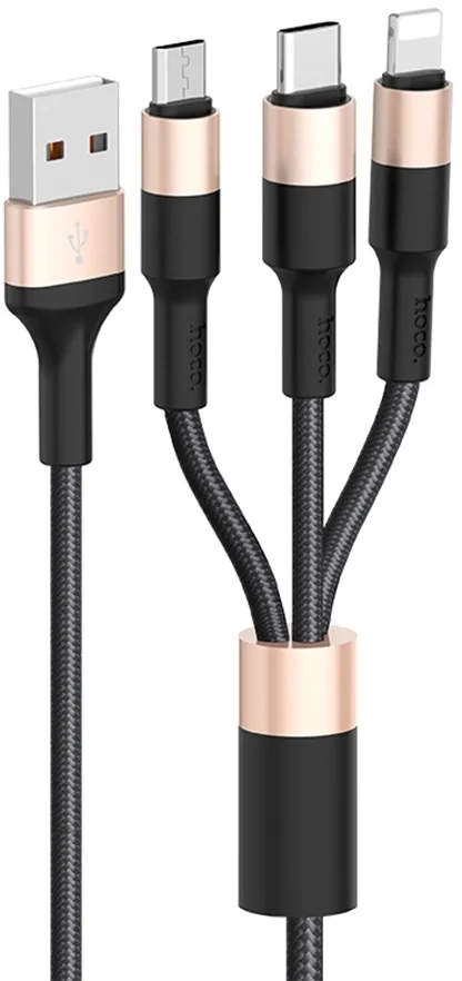 Кабель Hoco 80275, USB-Lightning/Type-C/micro USB, 1м, чёрный/золотистый