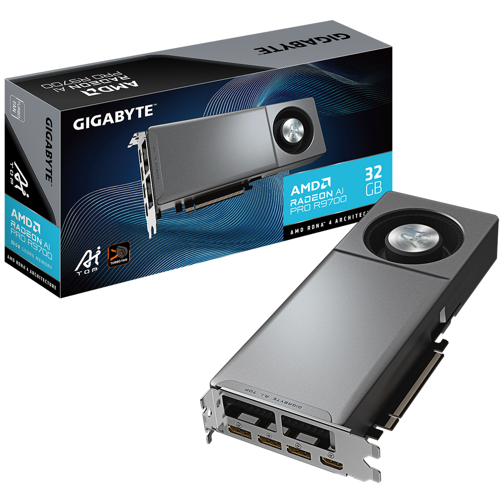 Видеокарта Gigabyte AMD Radeon AI PRO R9700 AI TOP, 32 GB GDDR6, 256 bit, 3xDisplayPort, HDMI, GPU 2920 MHz