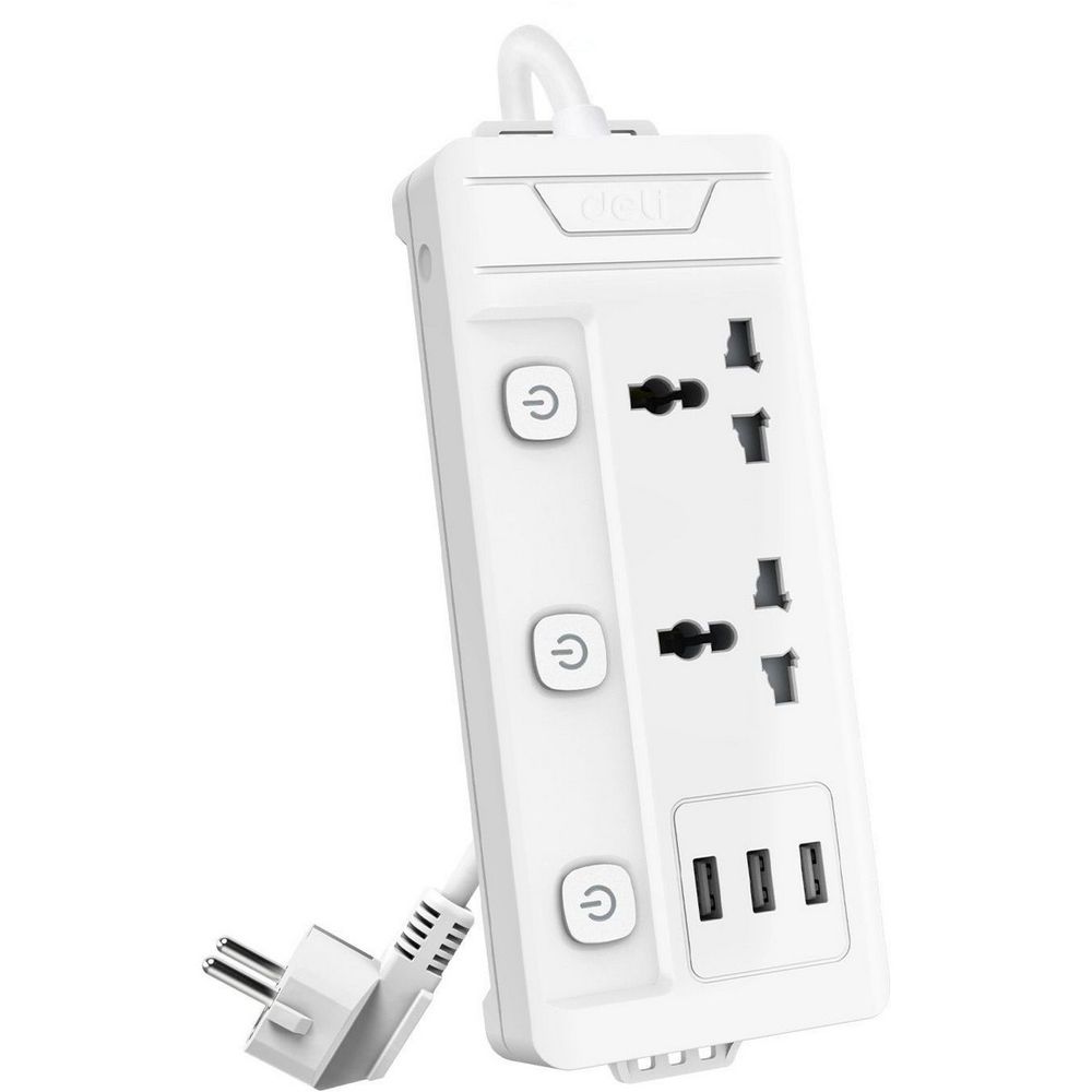 Сетевой фильтр Deli ET409, 2 розетки + 3 USB Type-A, 10 А, 2500 Вт, кабель 2 м