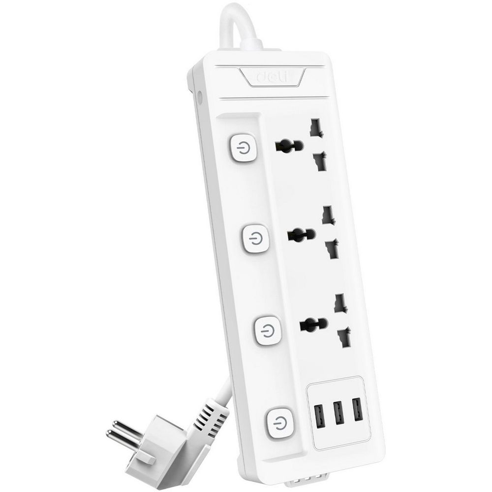Сетевой  фильтр универсальный Deli ET410/ 3розетки + 3USB ,  2 м