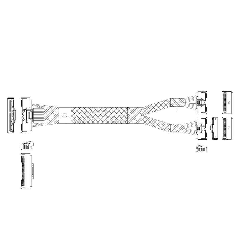 Кабель JPC P733BGB10800-1, MCIO x16 → 2×MCIO x8, 0.8м, 85 Ом