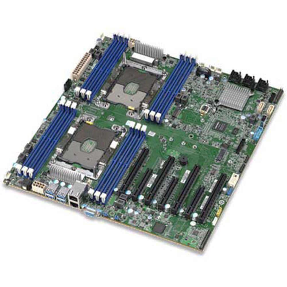 Серверная материнская плата S7100GM2NR 12" x 13" SSI EEB Form Factor Dual socket Xeon Scalable Processor Family (12) DIMM slots supporting up to 1.5TB DDR4 RAM (4) PCIe x16 slots with support for 4 GPU cards (3) PCIe x8 slots (14) SATA ports (2) NVMe M.2 ports Optional 7.1 Channel HD Audio Optional AST2500 BMC with IPMI 2.0 and Redfish