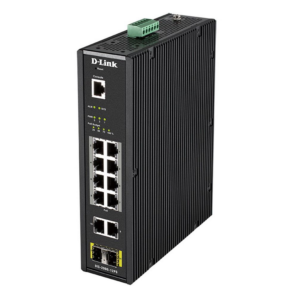 Коммутатор D-Link DIS-200G-12PS/A2A, L2, 10xGbE, 2xSFP, 8xPoE, 123W, Industrial