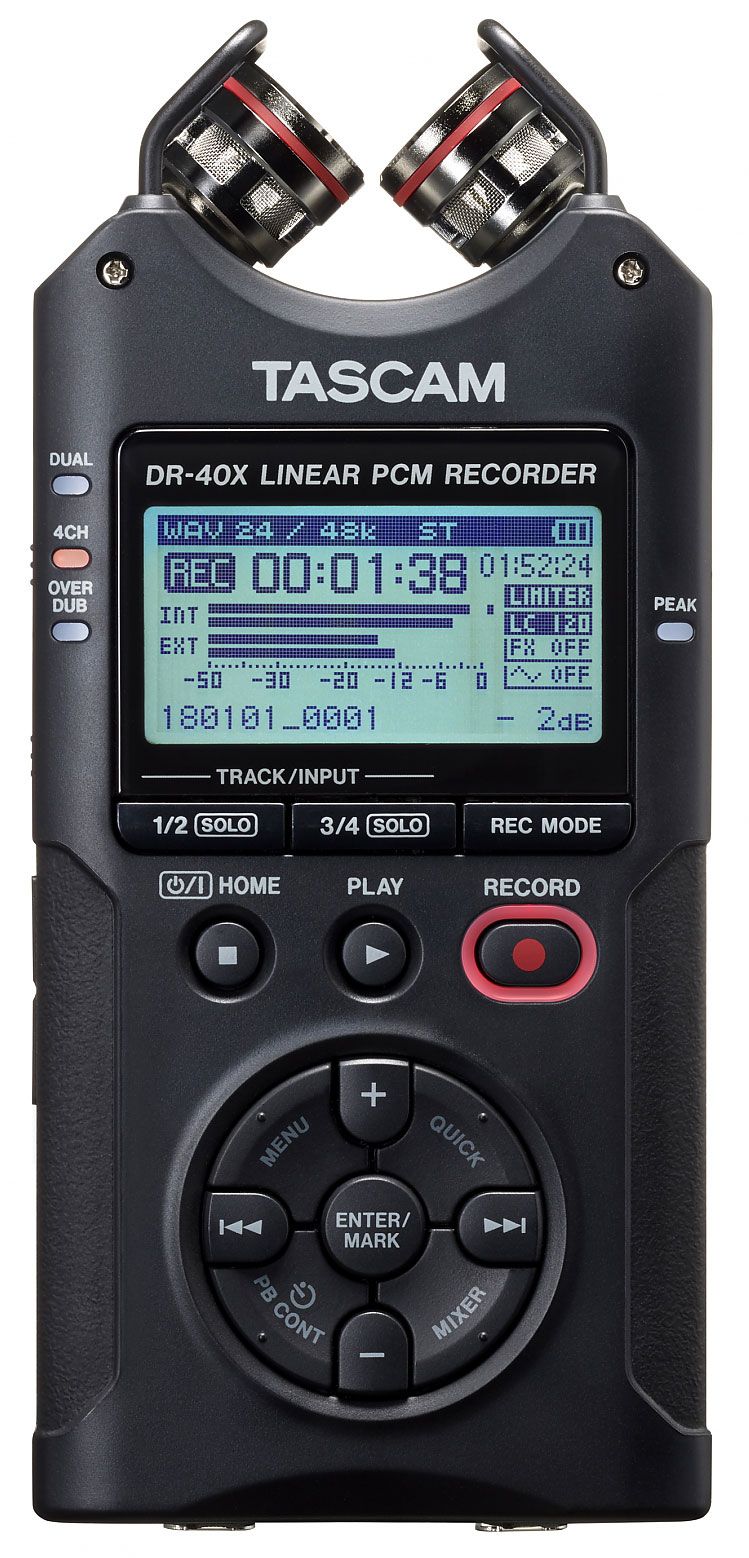 Рекордер Tascam DR-40X, 24 бит/96 кГц, 2 микрофона A-B/X-Y, 2 входа XLR/TRS
