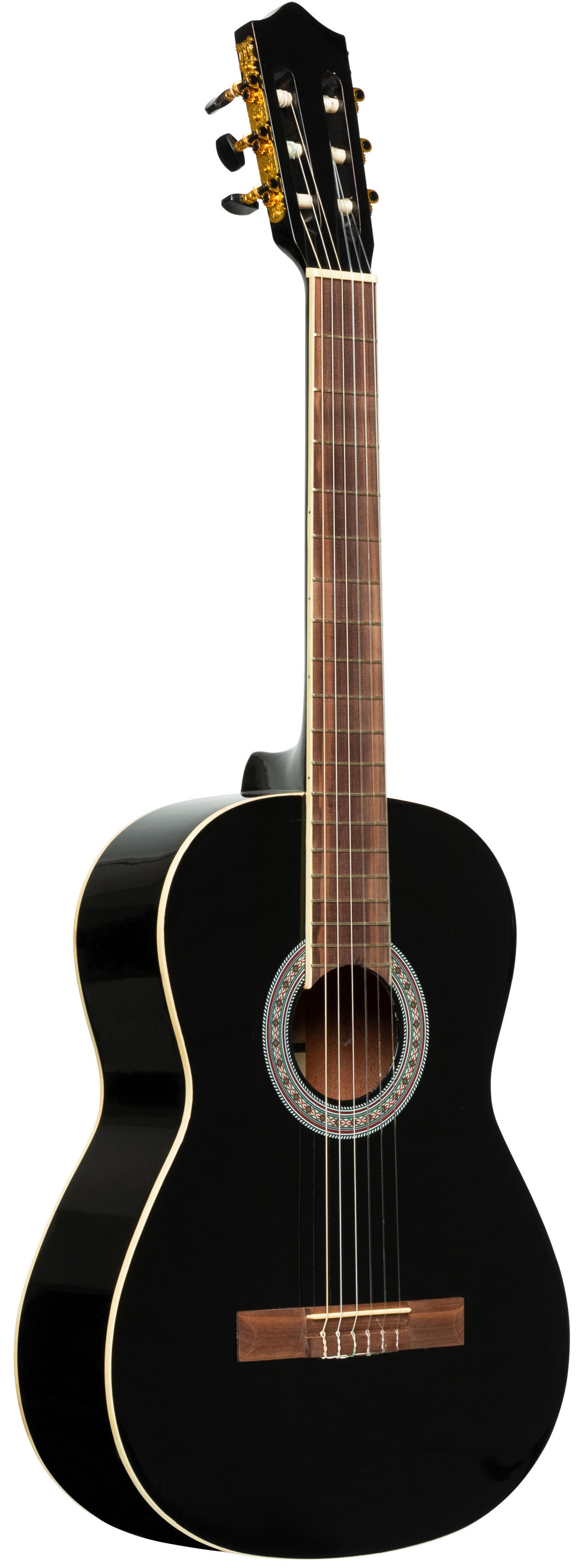 Классическая гитара STAGG [SCL60 BLK] полноразмерная 4/4, верхняя дека ель, нижняя дека и обечайка катальпа, мензура 646 мм, гриф нато, накладка грифа орех, бридж орех, колки Lyre, струны Savarez, окантовка черная ABS, цвет черный глянцевый