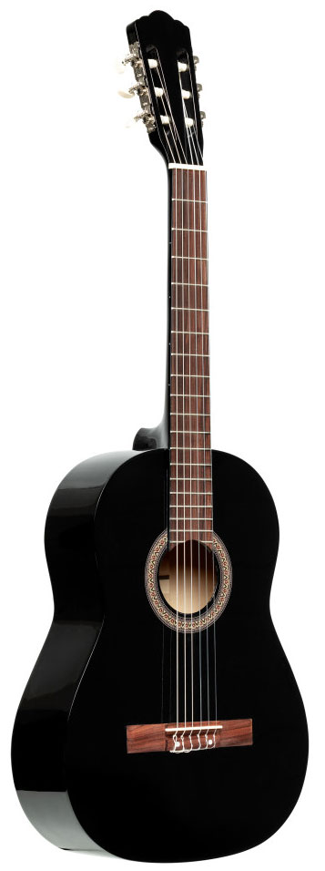 Классическая гитара STAGG [SCL50 3/4 BLK] уменьшенная 3/4, верхняя дека липа, нижняя дека и обечайка липа, мензура 590 мм, гриф нато, накладка грифа пау ферро, бридж пау ферро, колки классические, никелированные, цвет черный глянцевый