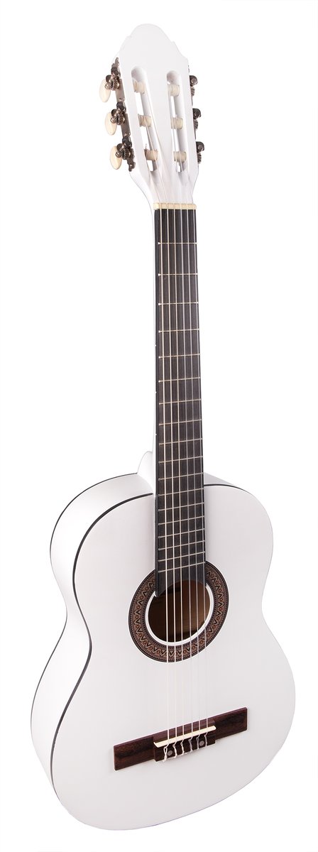 Классическая гитара STAGG [C410 M WH] уменьшенная 1/2, верхняя дека липа, нижняя дека и обечайка липа, мензура 558 мм, гриф нато, накладка грифа композ. орех, бридж композ. орех, колки классические, никелированные, цвет белый матовый