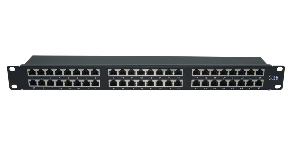 Патч-панель Wize Pro W1U48CAT6-SH, 48 портов RJ45, CAT6 FTP, 1U, черная