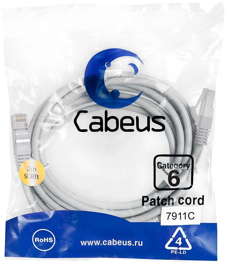 Патч-корд Cabeus PC-FTP-RJ45-CAT.6-3M-LSZH, F/UTP кат.6, 2×RJ45, 3 м, LSZH