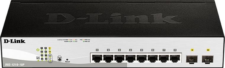 Коммутатор D-Link DGS-1210-10P/F3A, L2, 8×1GbE PoE, 2×SFP, PoE 65W