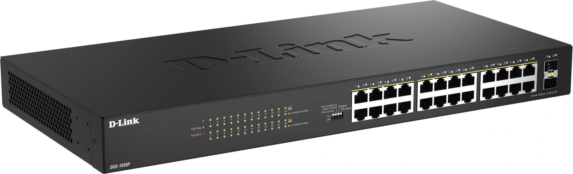 Коммутатор D-Link DGS-1026P/A1A, 24×1GbE PoE, 2×SFP, 240 Вт