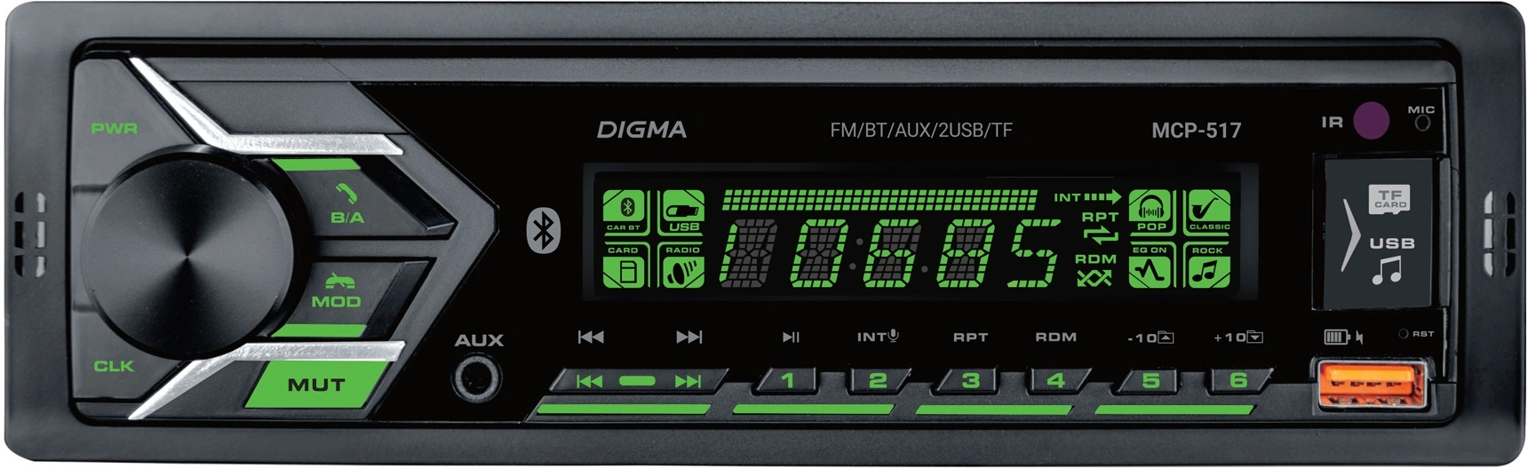 Автомагнитола DIGMA MCP-517, 1 DIN, Bluetooth, USB-A, AUX