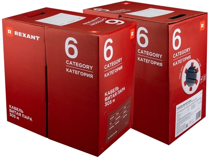 Кабель Rexant 01-0047, витая пара U/UTP кат.6, 4×2×0,57 мм, PVC, внутренний, 305 м