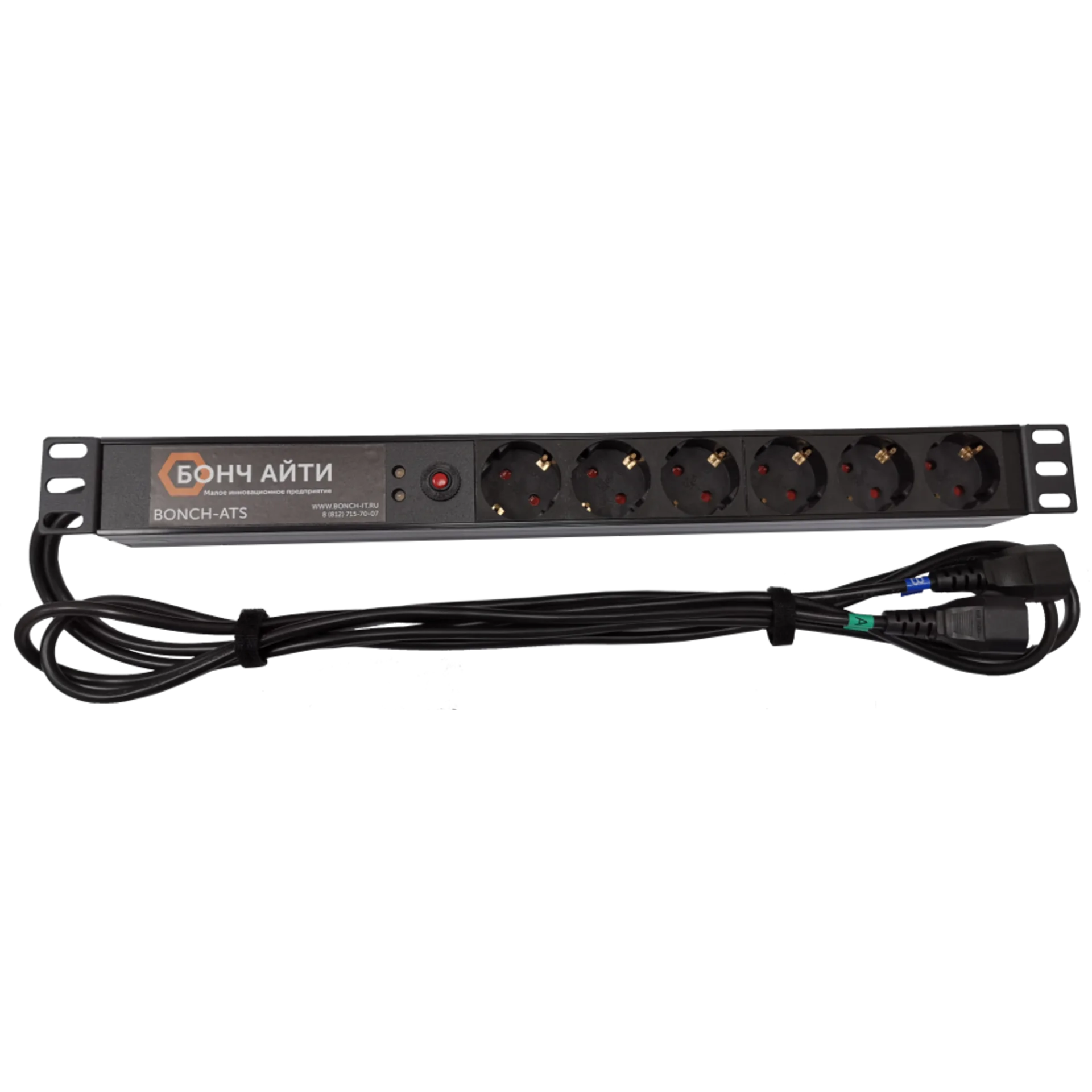 Блок розеток Bonch BONCH-ATS/PDU 8A-6S-C14/C14 с АВР, 1U, 8 А, 6×Schuko