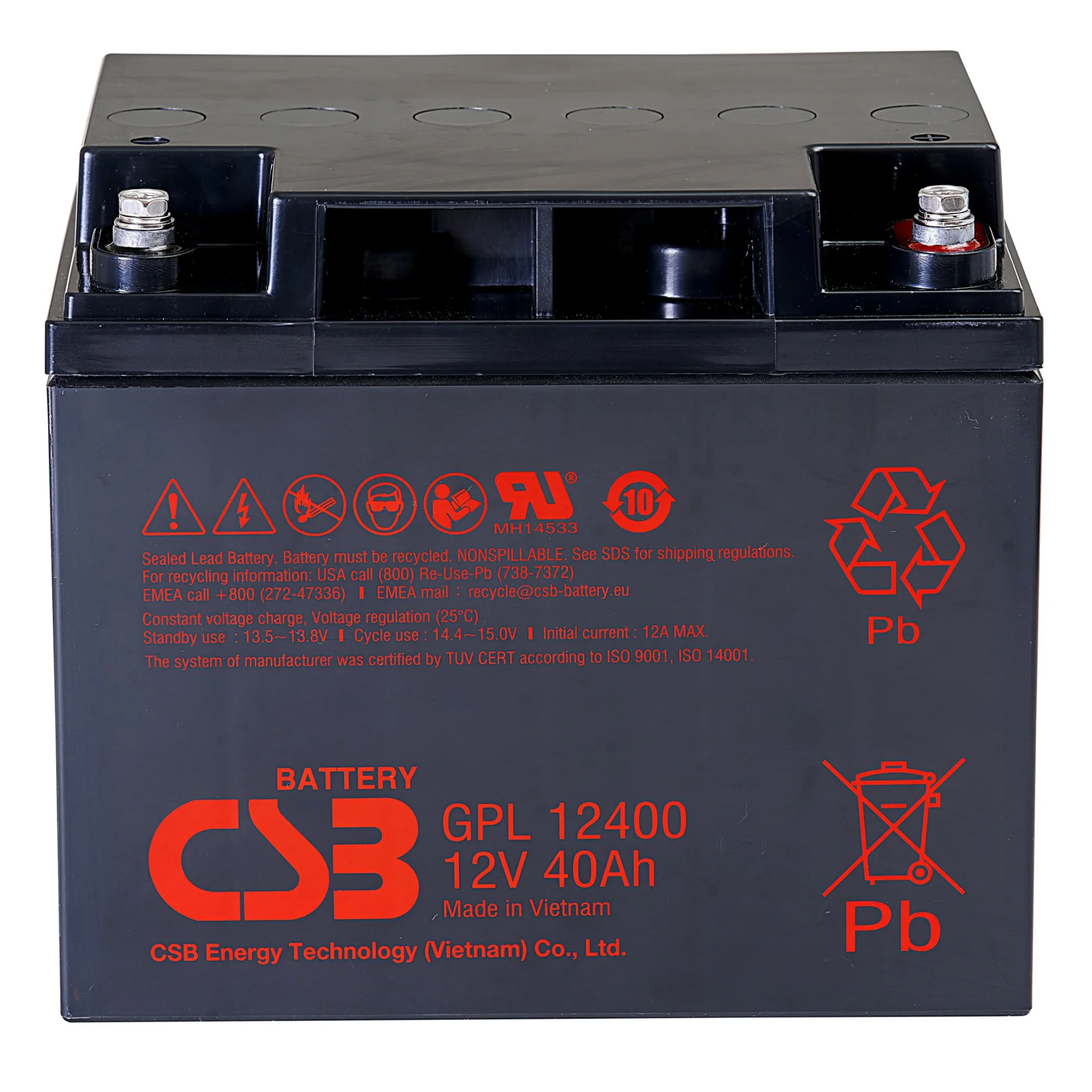 Аккумулятор CSB GPL12400 I, 12В, 40Ач, I2, AGM