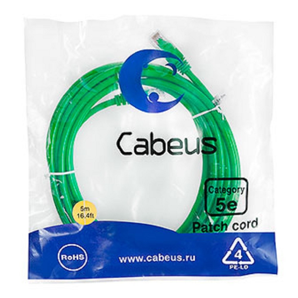 Патч-корд Cabeus PC-UTP-RJ45-Cat.5e-5m-GN, U/UTP Cat.5e, 2×RJ45, 5 м, зелёный