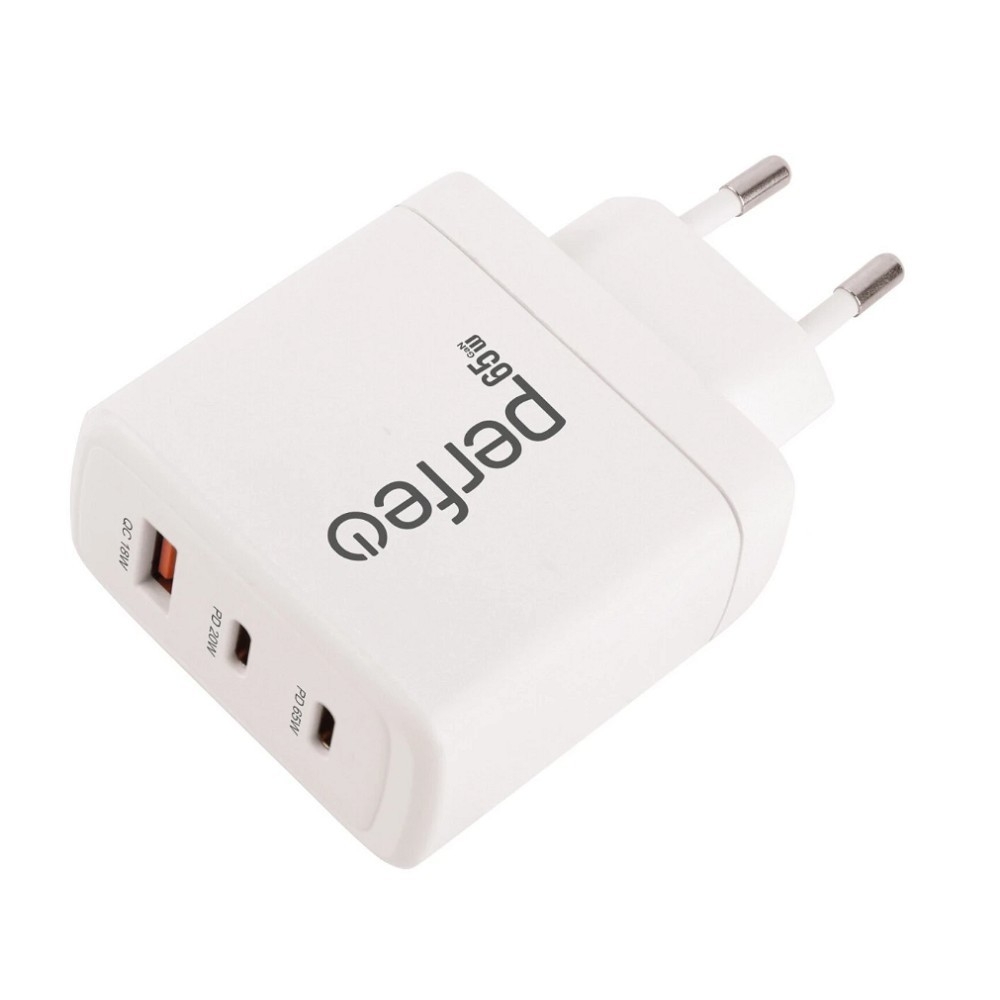 Сетевое зарядное устройство Perfeo I4664, GaN, 65 Вт, USB-A + 2×USB-C, белое