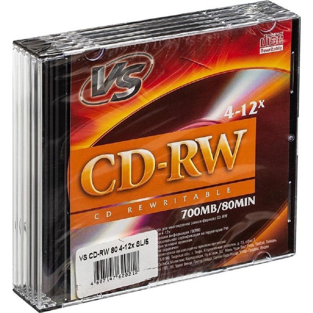 Диск CD-RW VS VSCDRWSL501, 700 МБ, 12x, Slim Case, 5 шт