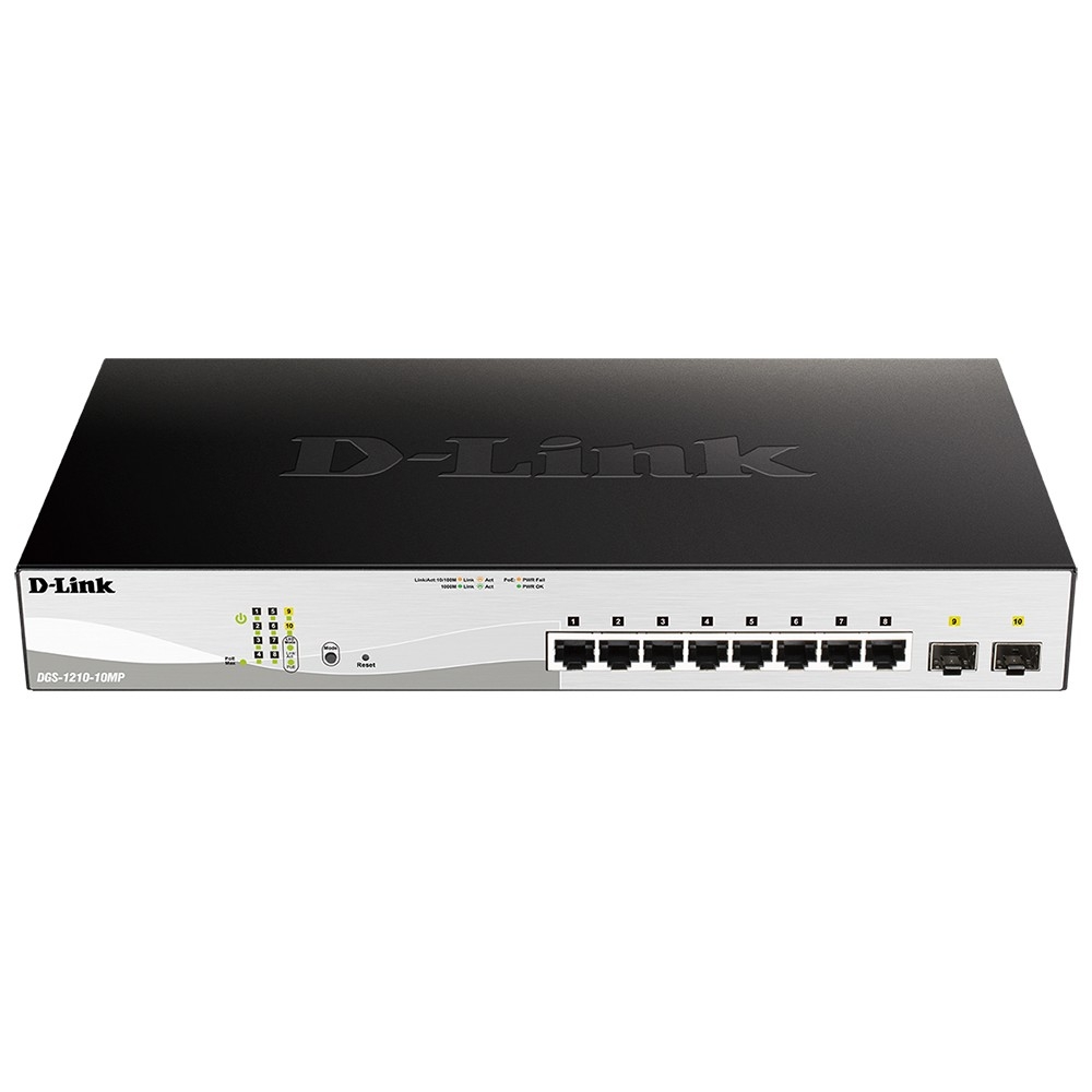 Коммутатор D-Link DGS-1210-10MP/FL2A, L2, 8×PoE 1GbE, 2×SFP, 130Вт