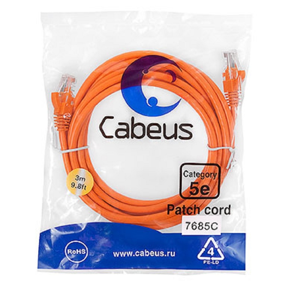 Патч-корд Cabeus PC-UTP-RJ45-Cat.5e-3m-OR, U/UTP Cat.5e, 2×RJ45, 3 м, оранжевый