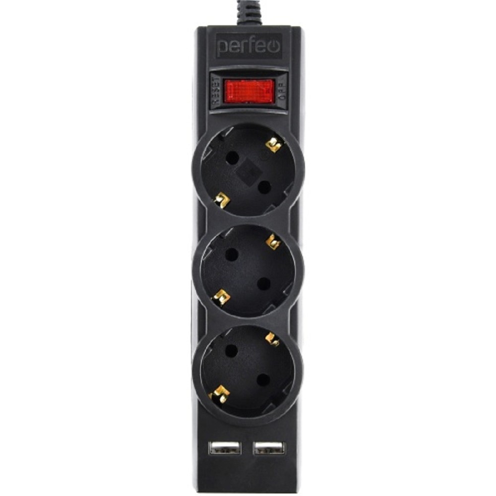 Сетевой фильтр Perfeo POWER-S PF_E1641, 3 розетки 10 А, 2×USB, 3 м, 2500 Вт