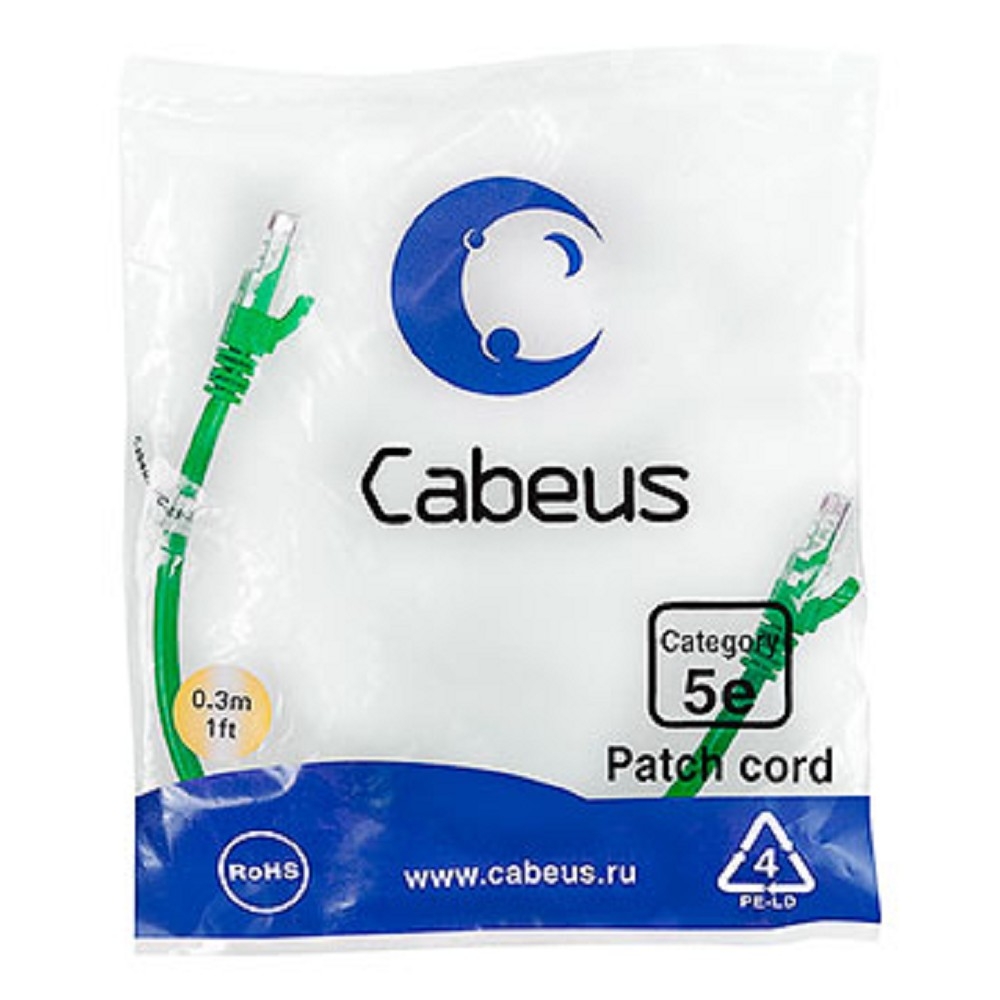 Патч-корд Cabeus PC-UTP-RJ45-Cat.5e-0.3m-GN, U/UTP Cat.5e, 2×RJ45, 0,3 м, зеленый