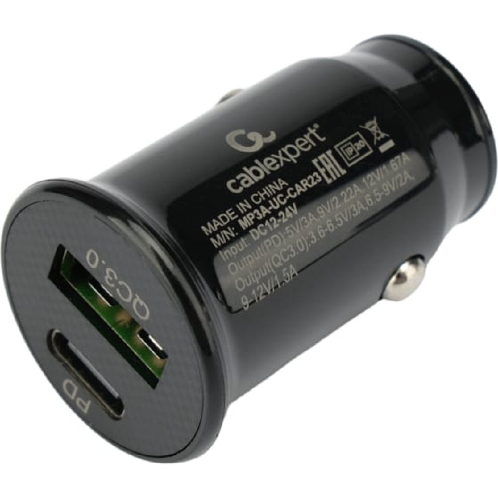 Автомобильное зарядное устройство Cablexpert MP3A-UC-CAR23, 20 Вт, QC3.0/PD, USB + Type-C