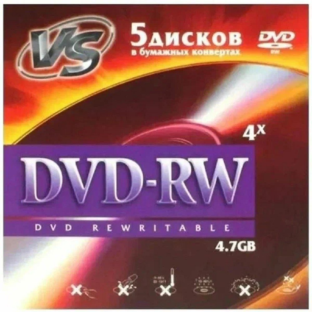 Диск DVD-RW VS VSDVDRWK501, 4,7 ГБ, 4x, упаковка 5 шт.